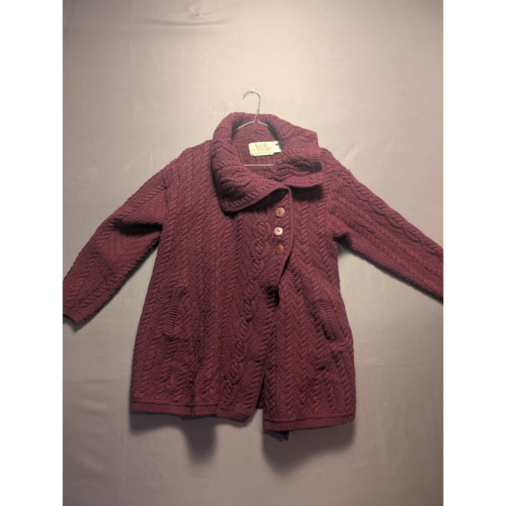Aran Sweater Market Women XL Red Merino Wool Cable Knit Cardigan Made in Ireland